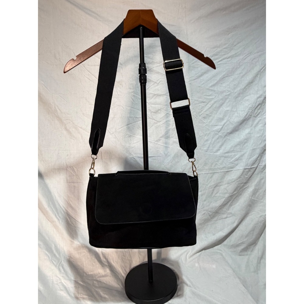 Black Faux Suede Crossbody Bag with Adjustable Web Strap and Gold Hardware